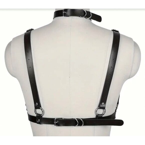 Goth Harness Bra*collar*Gay*Cosplay*Sub*Halloween*BDSM*NIP*Black*Faux Leather - Picture 4 of 4